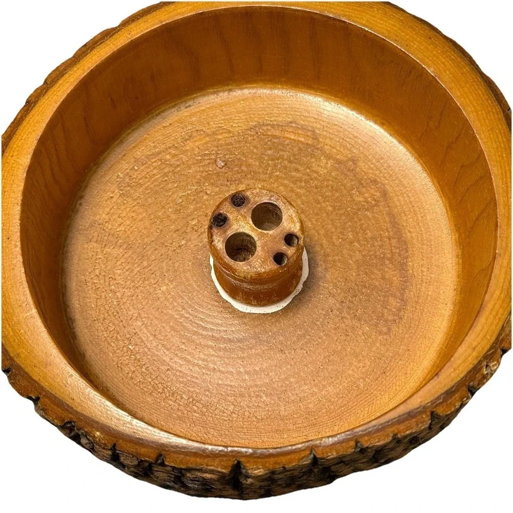 Vintage Nut Rustic Bark Wood Bowl With 4 Nut Picks & Nut Cracker Rustic MCM